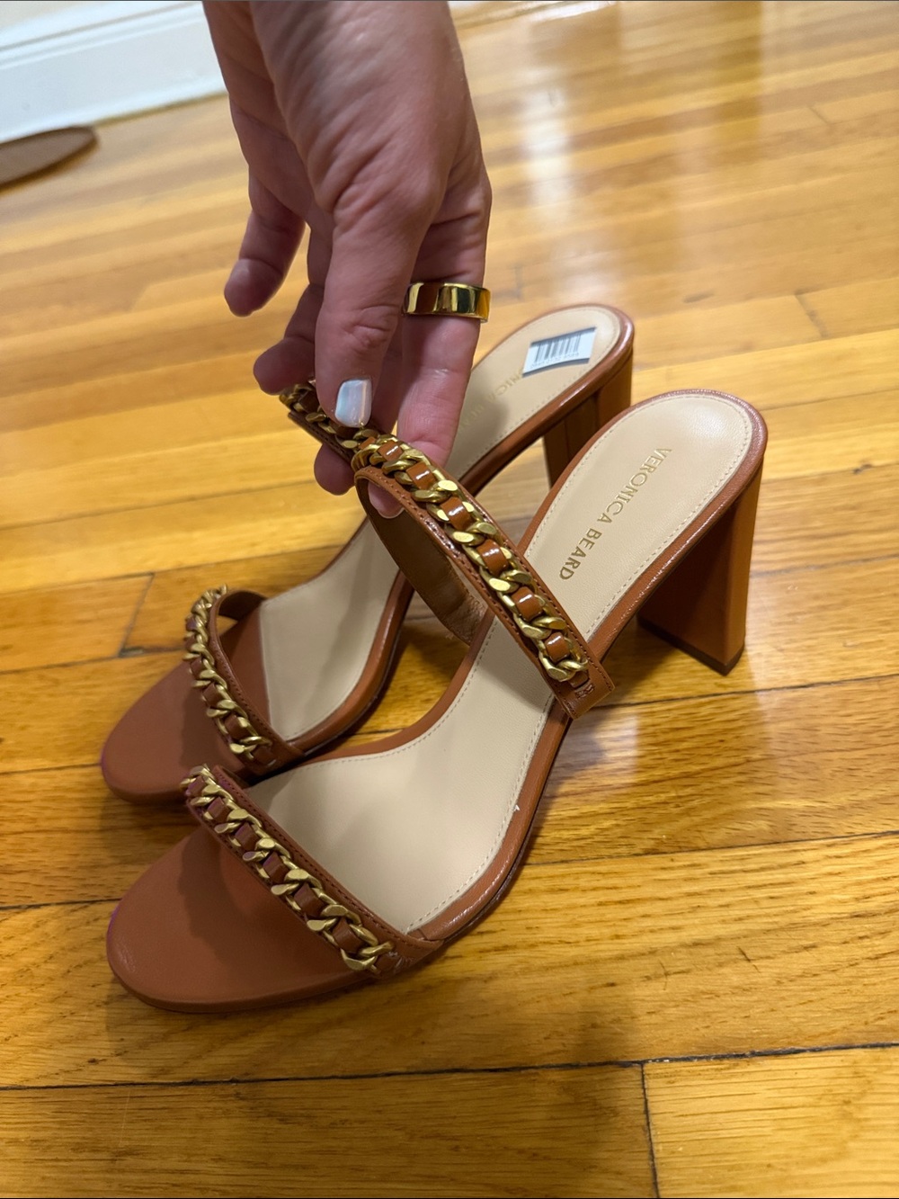 Veronica Beard Brown Leather Block Heel Sandals with Gold Chain - NEW